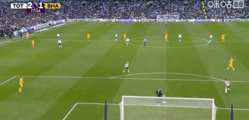 第77分钟，贝里瓦尔抢断传球，西蒙斯轰出世界波！热刺2-1布莱顿